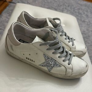 Golden Goose White and Silver Glitter Star Sneakers
